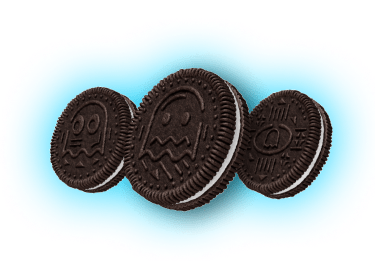 Three Oreo Cookies (ghost-variant) with a blue shadow.